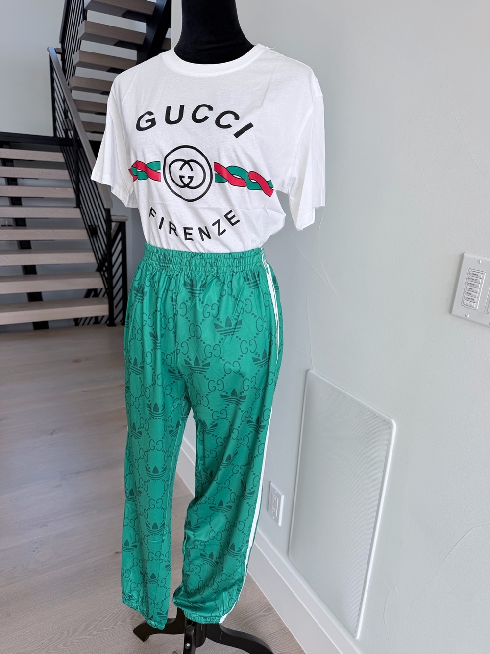 Teal Green Monogram Track Pants with Side Stripes & Matching T-shirt set size S